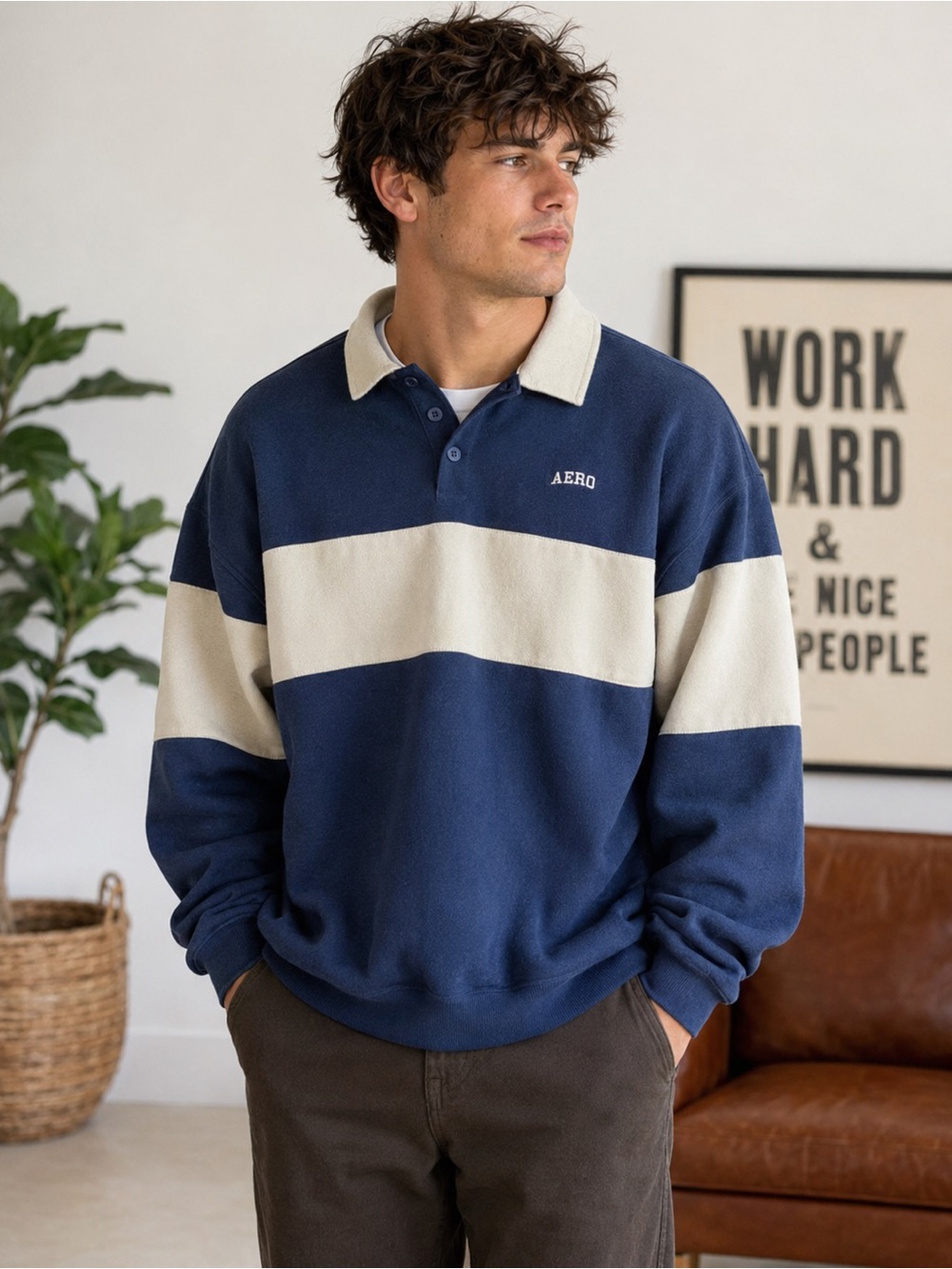 Aeropostale Rugby Stripe Collared Sweatshirt Pullover Blue Cream  Oversized M